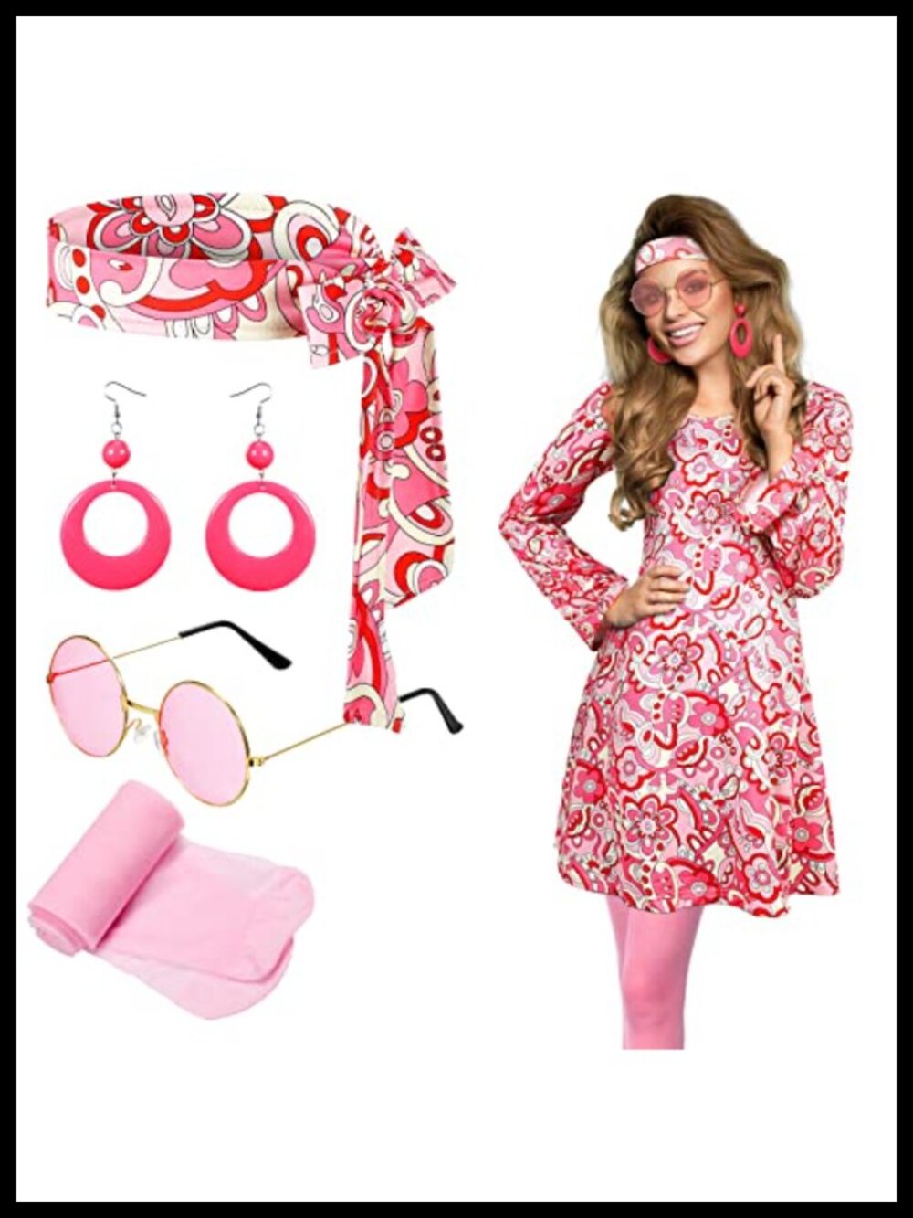 5 Pc 70s Disco Hippie Costume Set Nylon Spandex Party Cosplay
